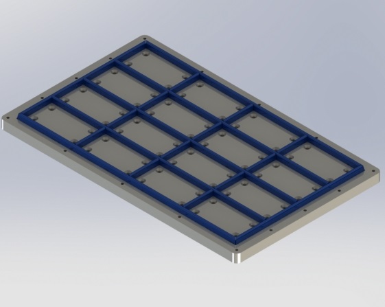 A 3d model of a metal plate with blue squares.